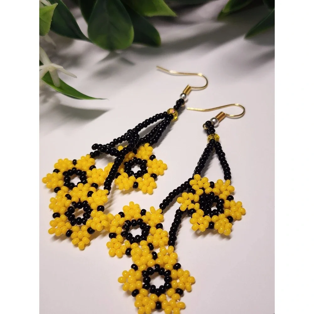 Flower Beaded Yellow Color Earrings. Long 2.5